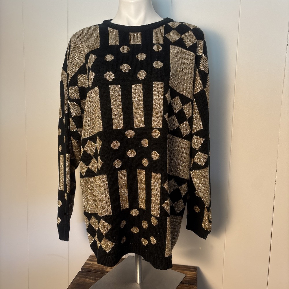 VTG 80s Sheridan Square Black Gold Woman Geometric Print Sweater Sz 22W